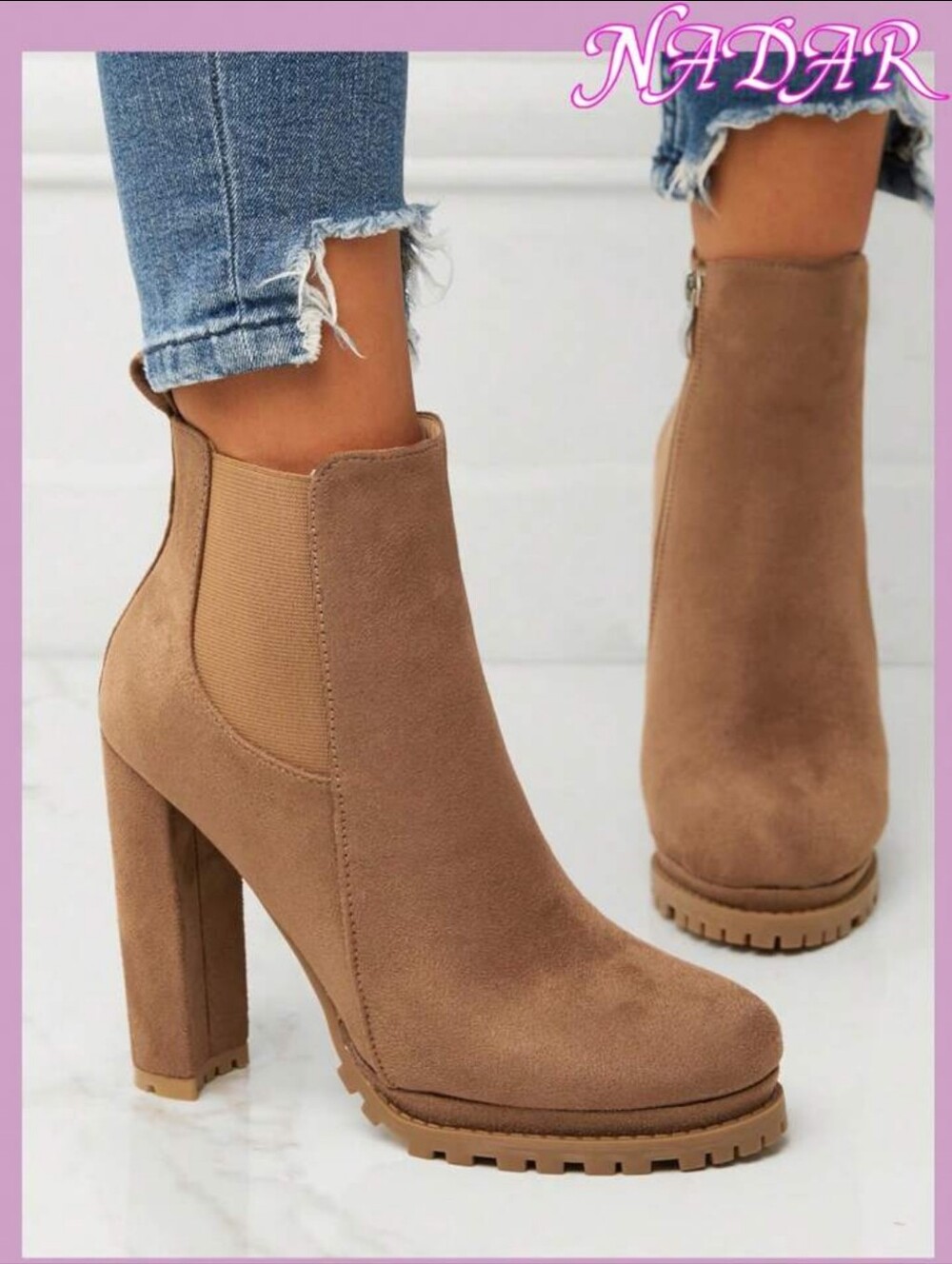 SHEIN Women's Tan Suede High Block Heel Ankle Boots